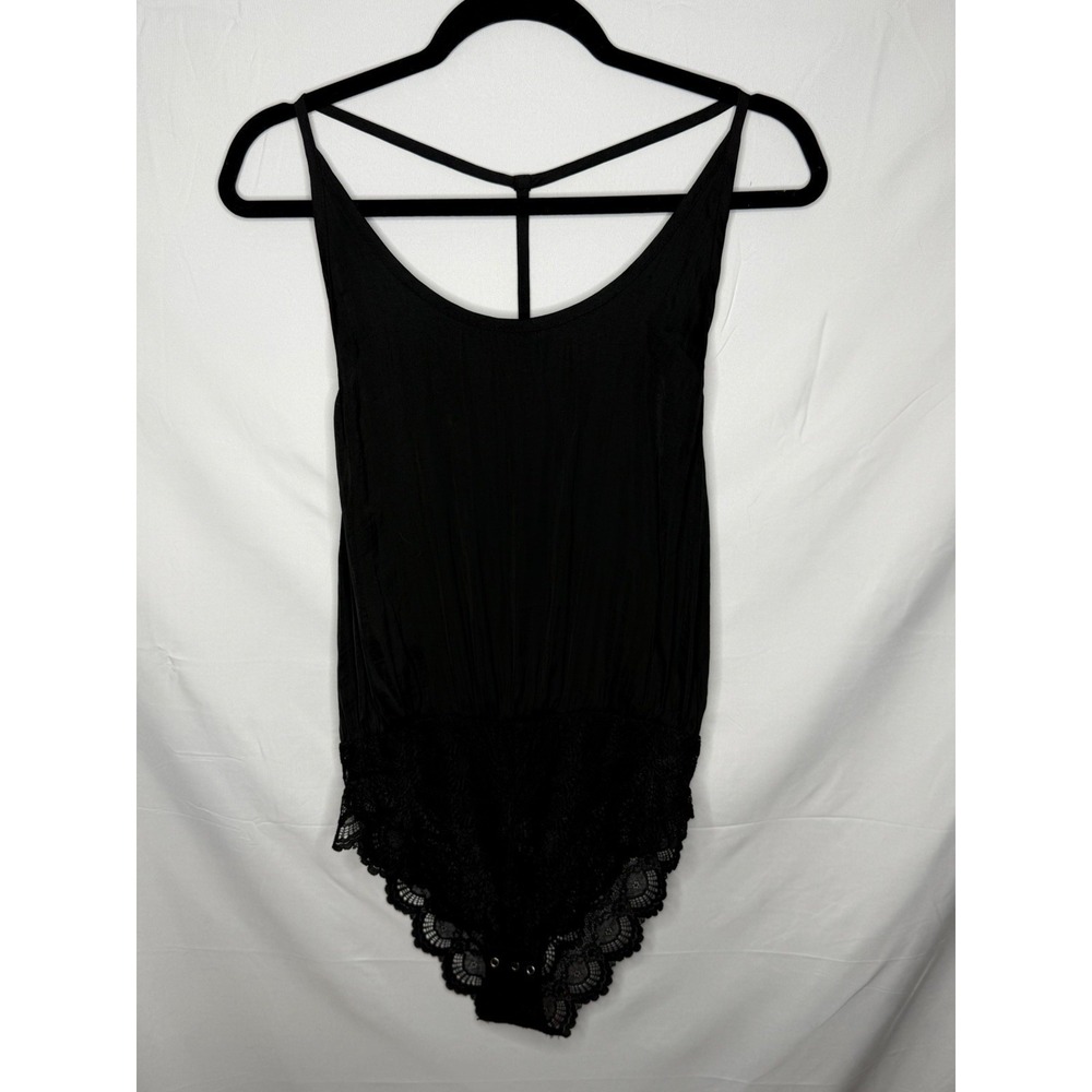 Free People Intimately Bodysuit Black Lace Trim Strappy Back Size M Medium